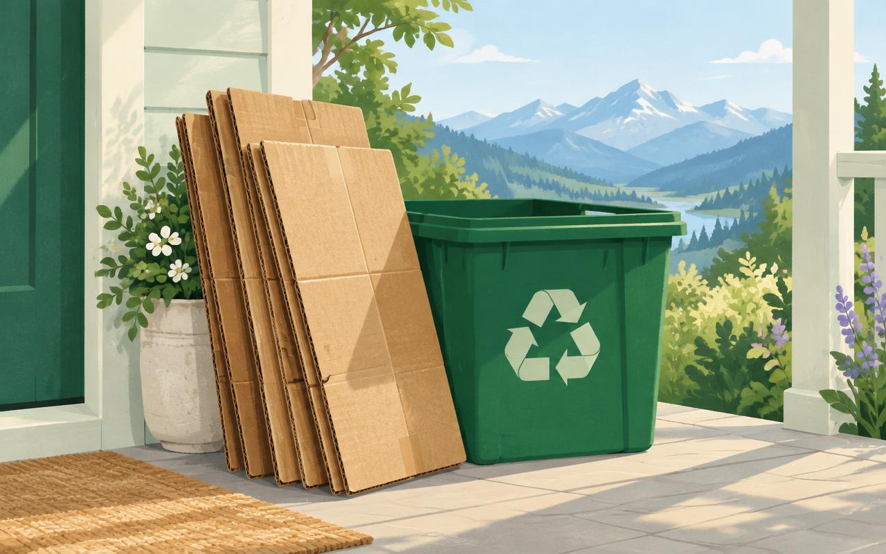 Illustration of flattened cardboard boxes beside a green recycling tote