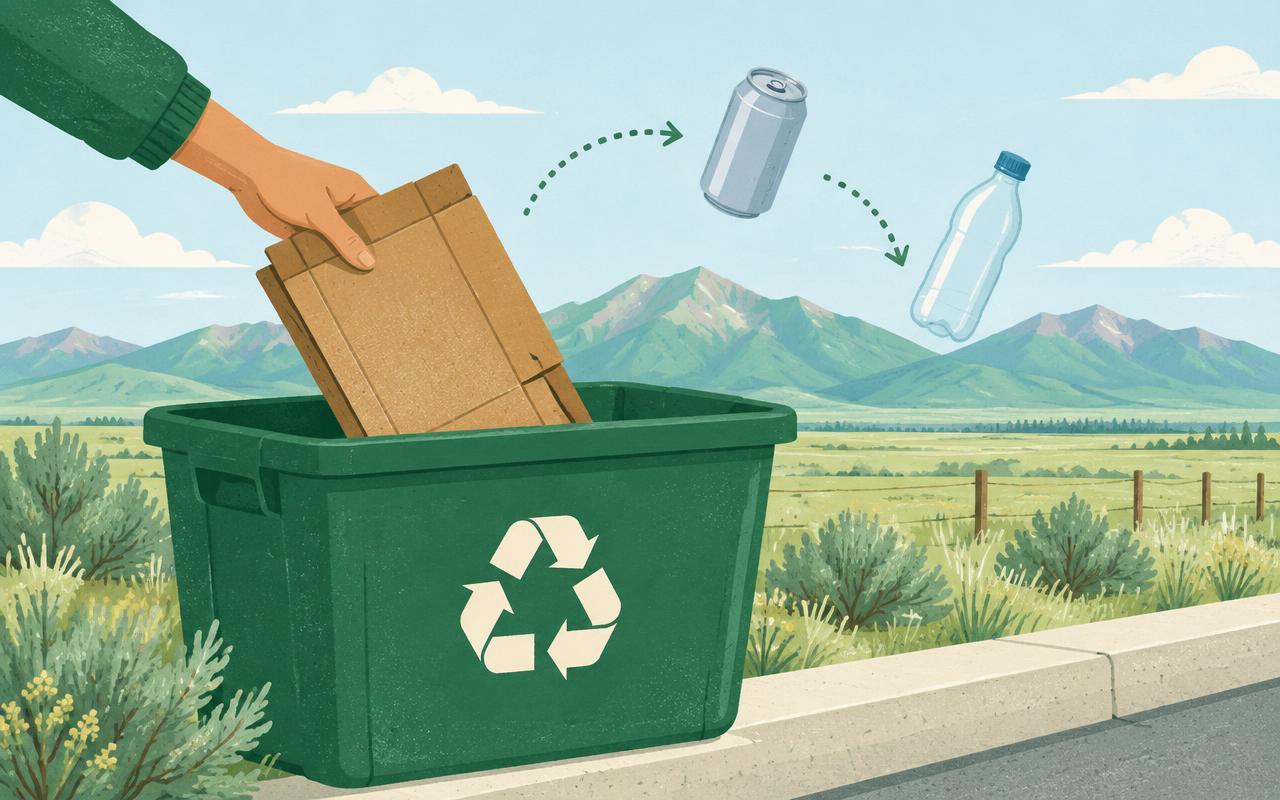 Illustration of a hand placing a flattened cardboard box into a green recycling tote