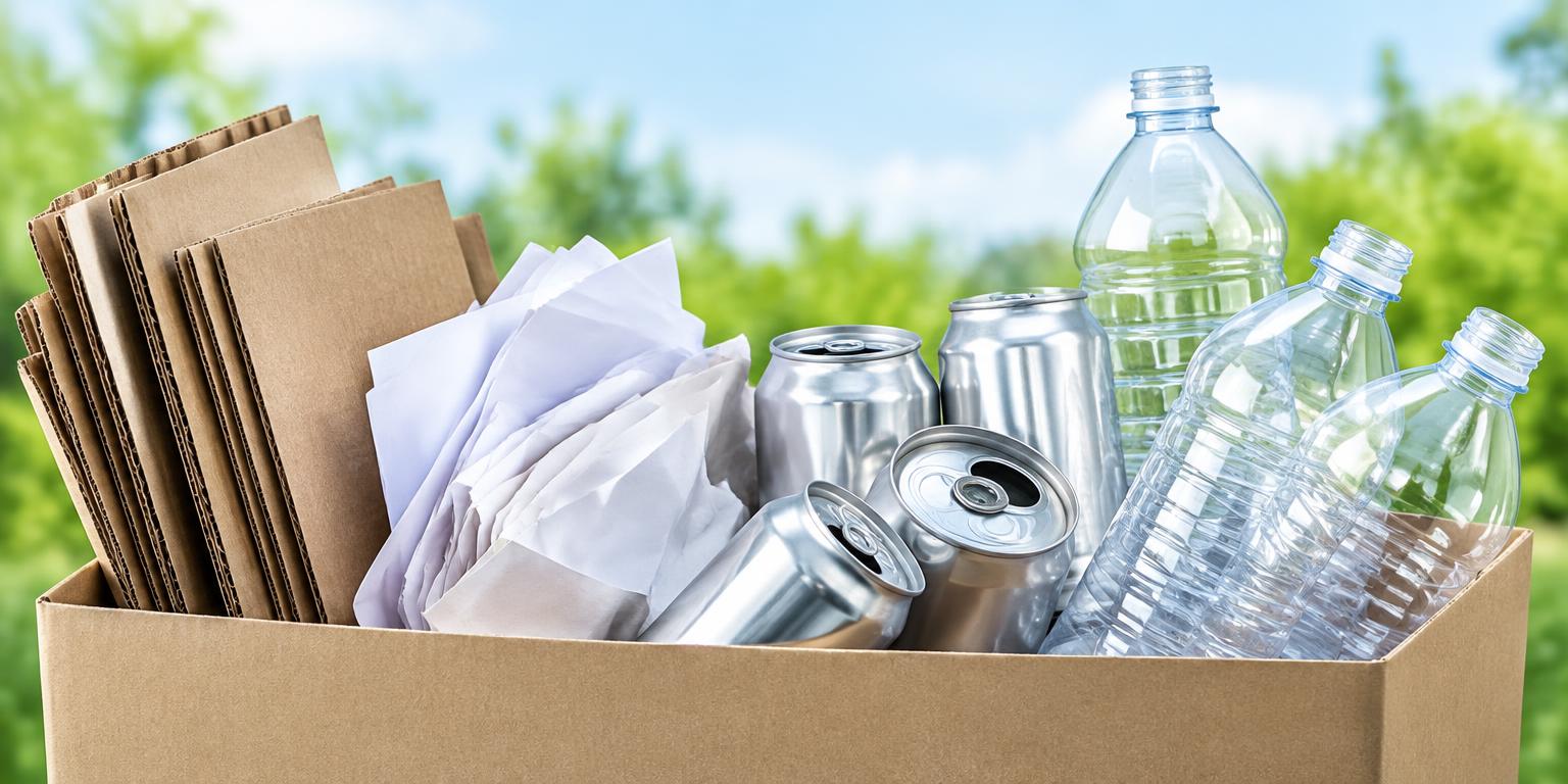 Illustrative recycling materials: cardboard, paper, aluminum cans and plastic bottles